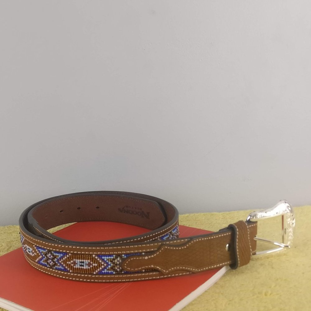 Navajo First Nation Aztec Southwestern Beaded Leather Belt sz38=43"Long